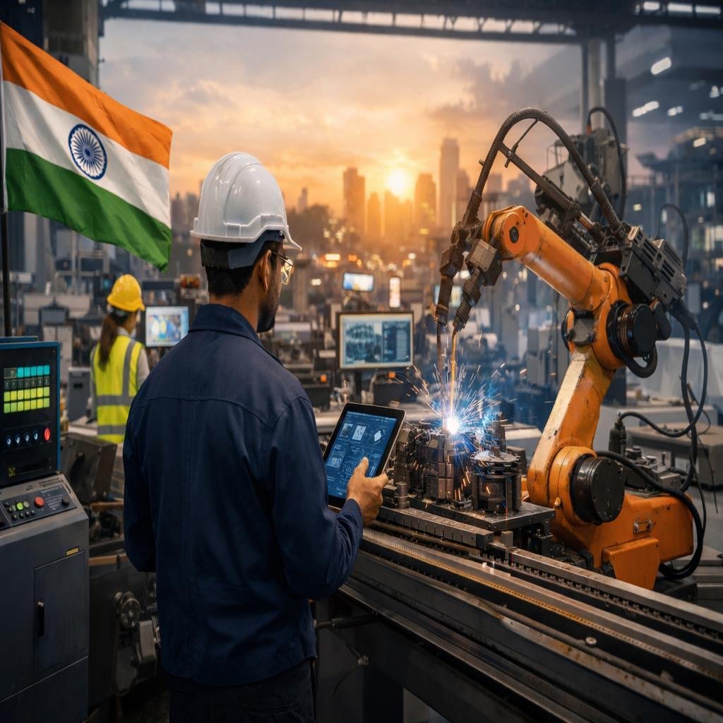 Engineer reviewing digital infrastructure on a tablet at an Indian manufacturing facility