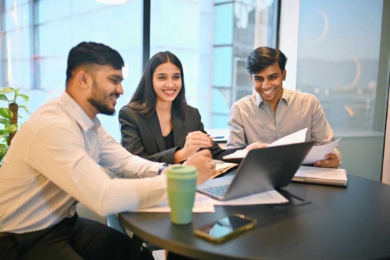 Team collaborating in a bright office